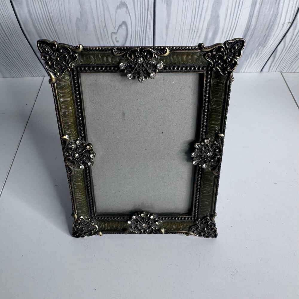 Vintage Rhinestone Accent Scrolling Pewter Picture Frame Ornate 8x6